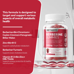 VEETAGYO Berberine bottle with gummies on white.