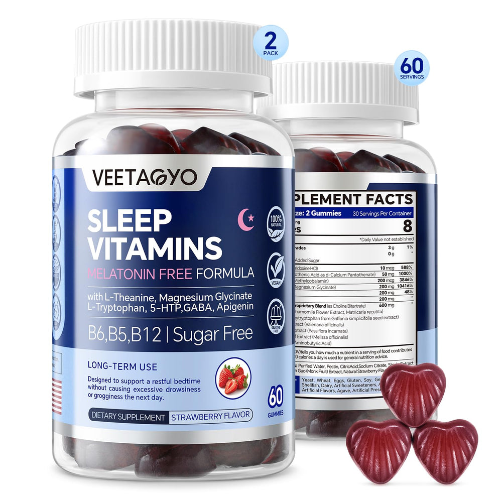 VEETAGYO melatonin-free gummies bottle promoting natural relaxation and sleep