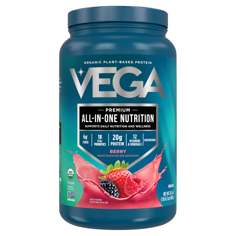 Vega All-In-One Berry bottle for convenient daily plant-based protein.