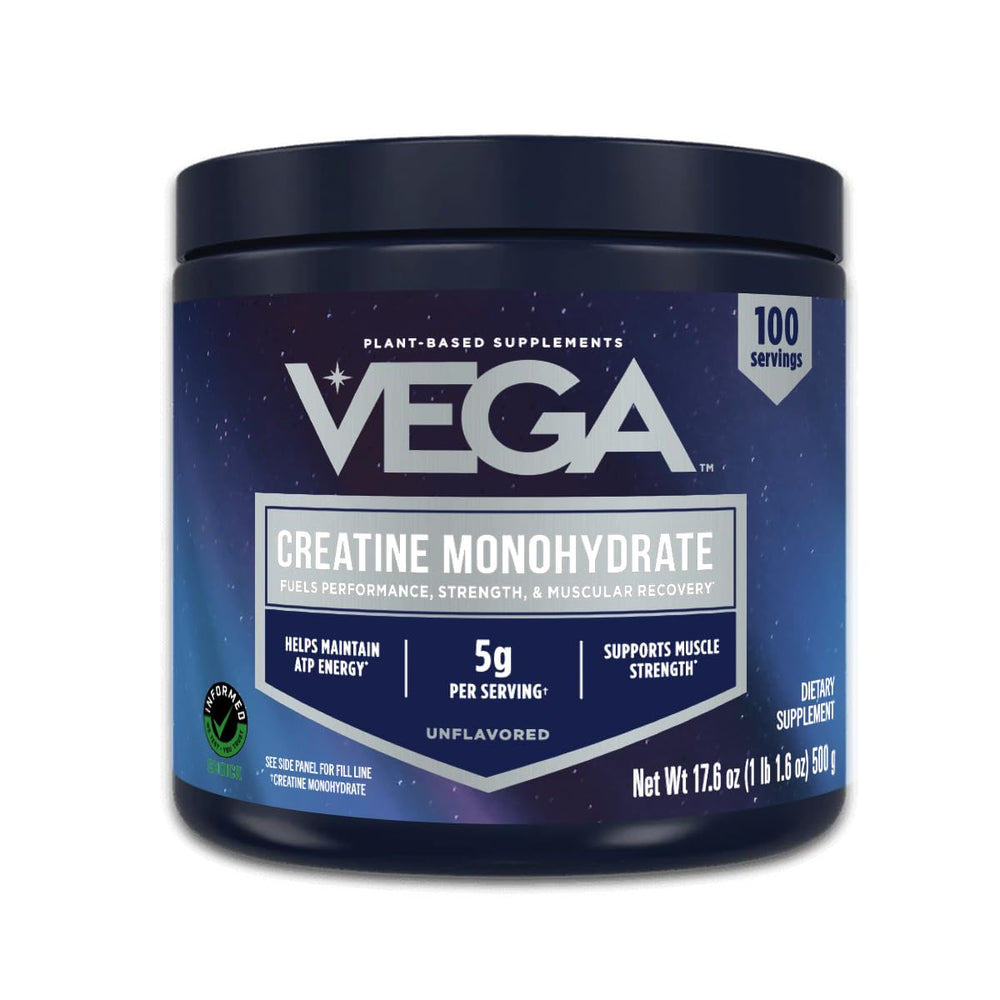 Vega Creatine Monohydrate Micronized powder — 5g serving for sustained energy during workouts.