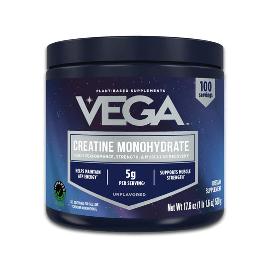 Vega Creatine Monohydrate Micronized powder — 5g serving for sustained energy during workouts.