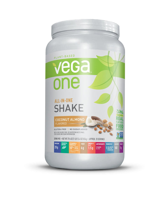 Vega One coconut almond bottle closeup highlighting all-in-one nutrition benefits.