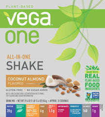 Vega One coconut almond ingredient panel shows greens and essential nutrients.