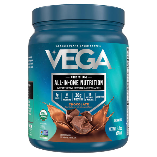 Vega Organic All-In-One Chocolate tub front highlighting vegan protein and organic certification