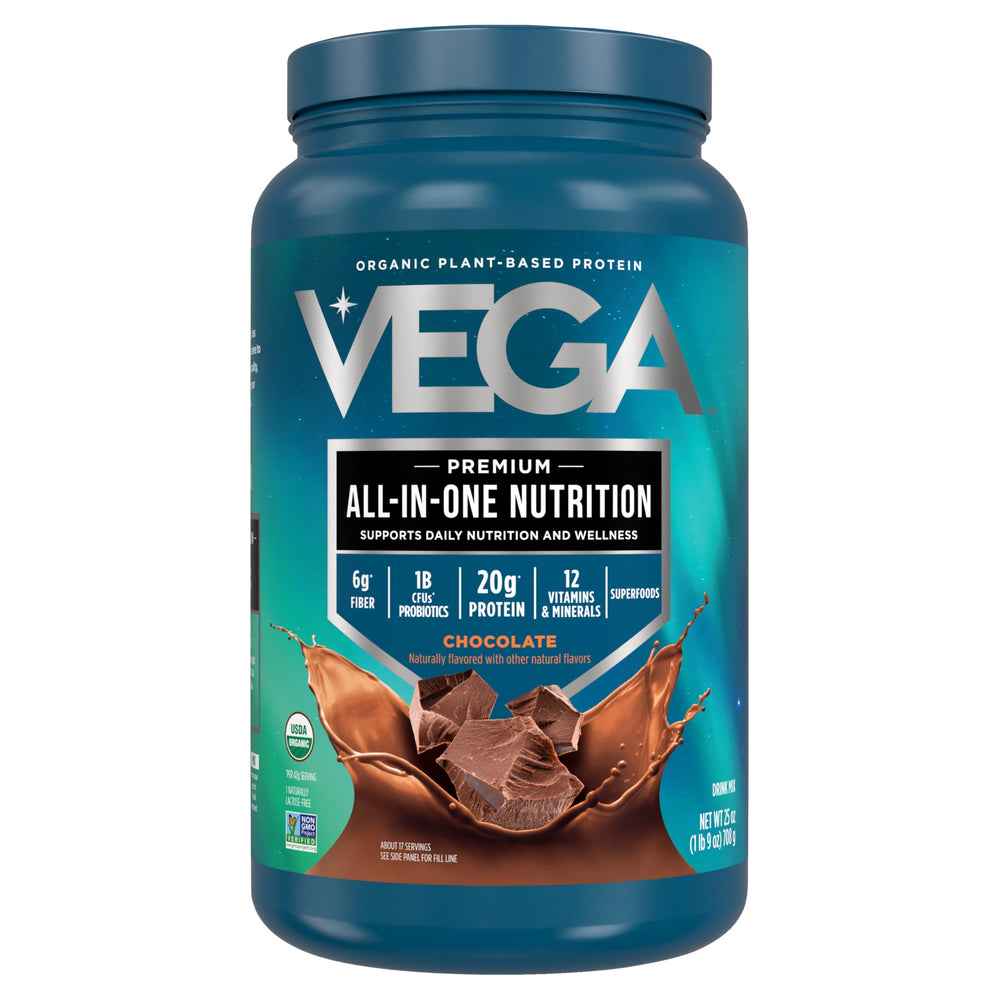 Vega Organic All-In-One Shake chocolate bottle highlights plant-based protein benefits