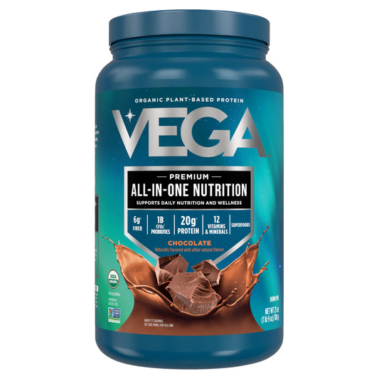 Vega Organic All-In-One Shake chocolate bottle highlights plant-based protein benefits