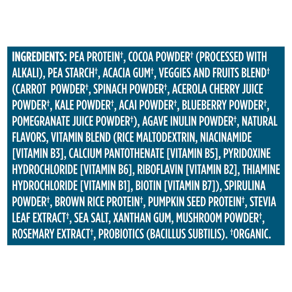Vega Organic All-In-One shake ingredients panel emphasizes pea protein and omega-3s