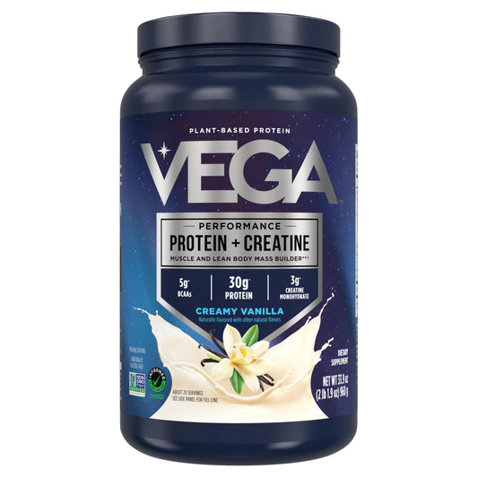 Vega Protein + Creatine vanilla bottle for post-workout fueling.