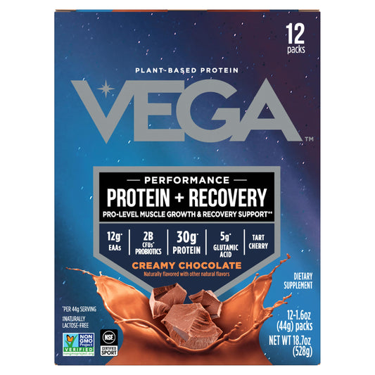 Vega Protein + Recovery chocolate packaging highlights 30g vegan protein per serving.
