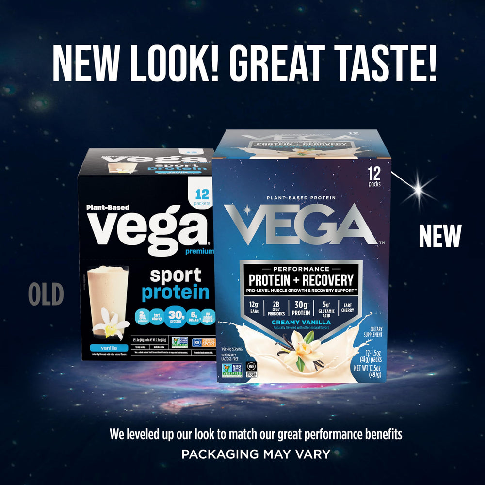 Creamy Vega Protein + Recovery vanilla shake in a glass