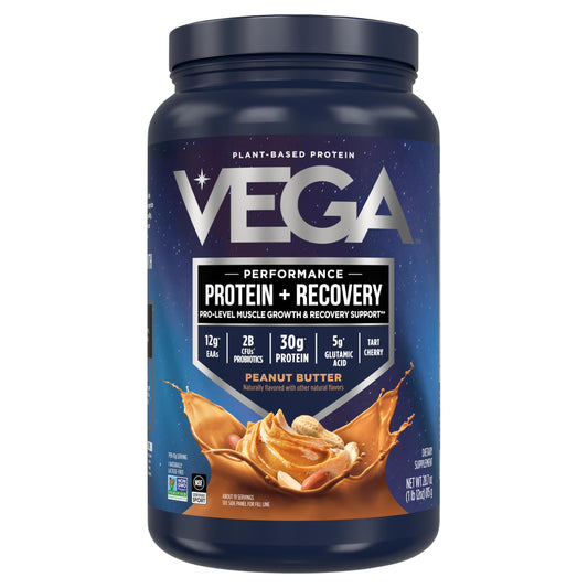 Vega Sport Peanut Butter protein powder tub for rich post-workout shakes.