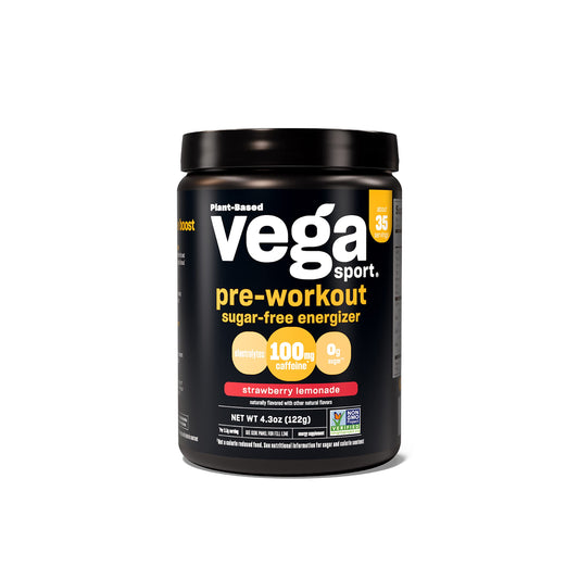Vega Sport Sugar Free Pre-Workout label highlights plant-based ingredients for focus