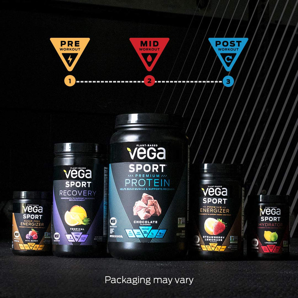 Vanilla Vega Sport powder being blended into a creamy smoothie.