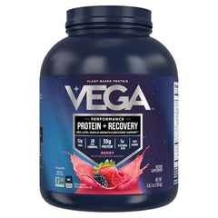 Vega Sport vegan protein berry tub ready for smooth post-workout shakes.