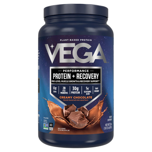 Vega Sport vegan chocolate protein tub ready for post-workout shakes