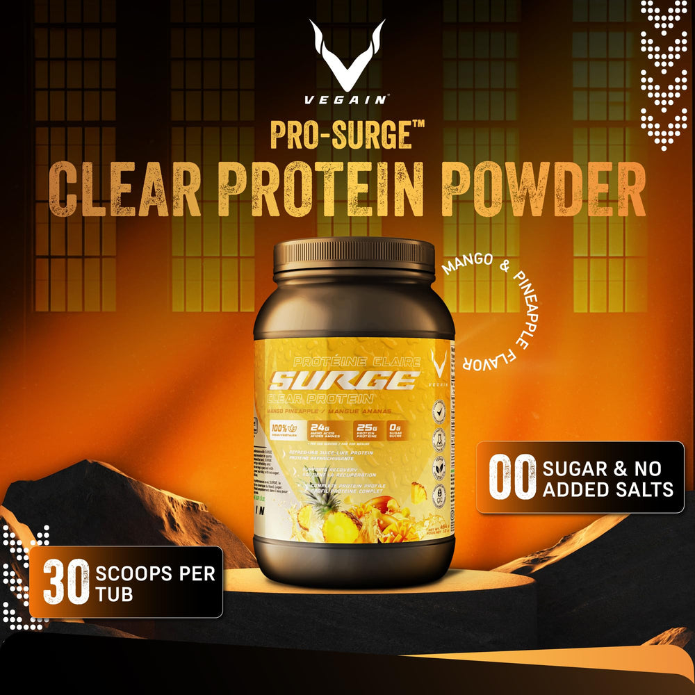 VEGAIN PRO-SURGE bottle and label highlighting dairy-free and gluten-free benefits.