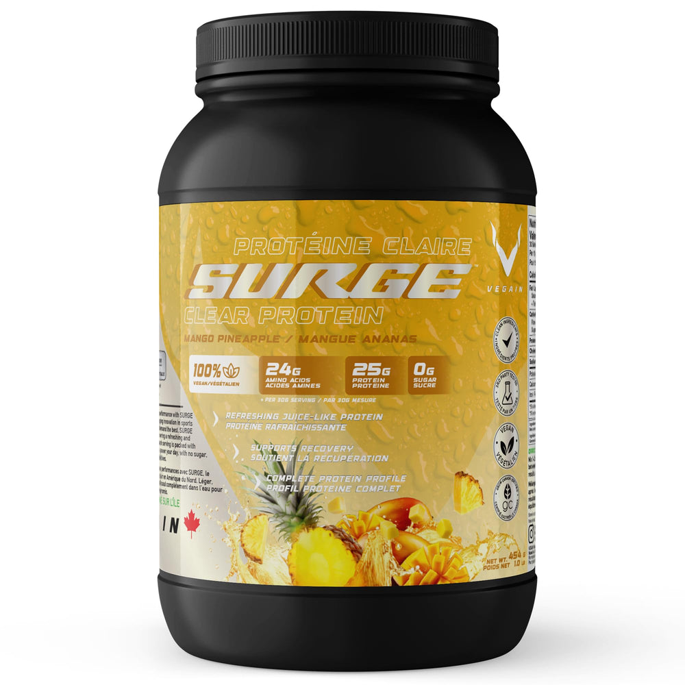 VEGAIN PRO-SURGE Mango Pineapple drink poured for post-workout hydration.