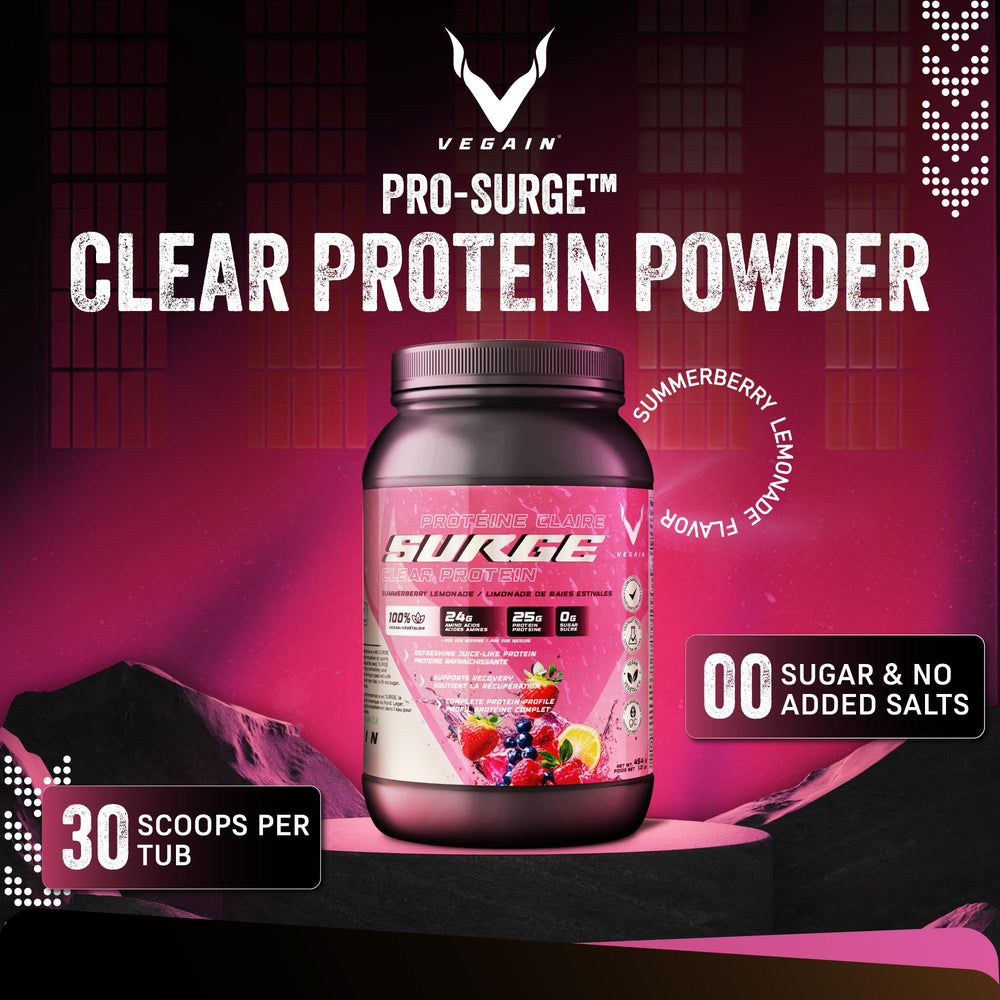 VEGAIN PRO-SURGE powder scoop close-up highlighting 25 g plant protein per serving.