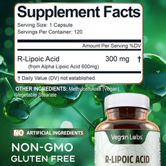 Vegan Labs R-Lipoic Acid 300MG ingredients confirm gluten-free and soy-free formula.