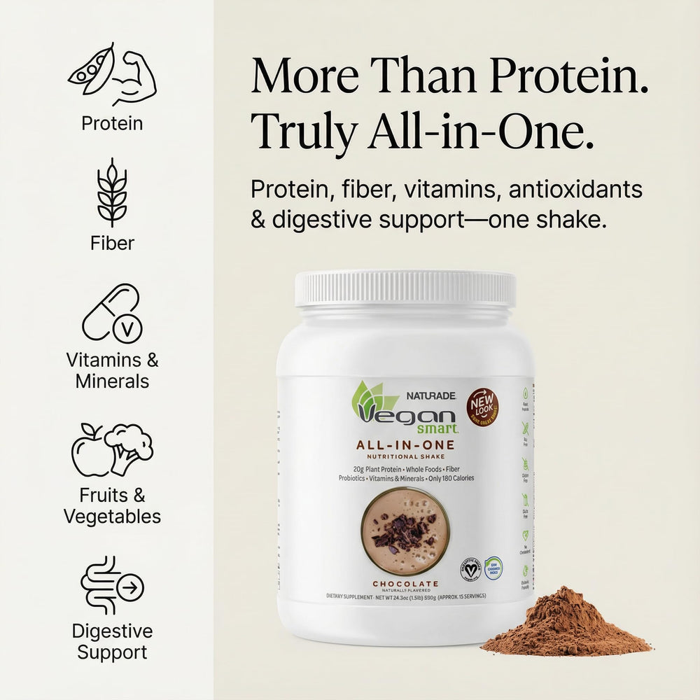 The Vegansmart Naturade all-in-one shake chocolate ready-made shake sits in a glass.