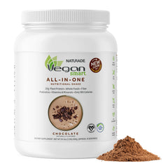 The Vegansmart Naturade all-in-one shake chocolate tub front showing protein-rich nutrition for daily balance.