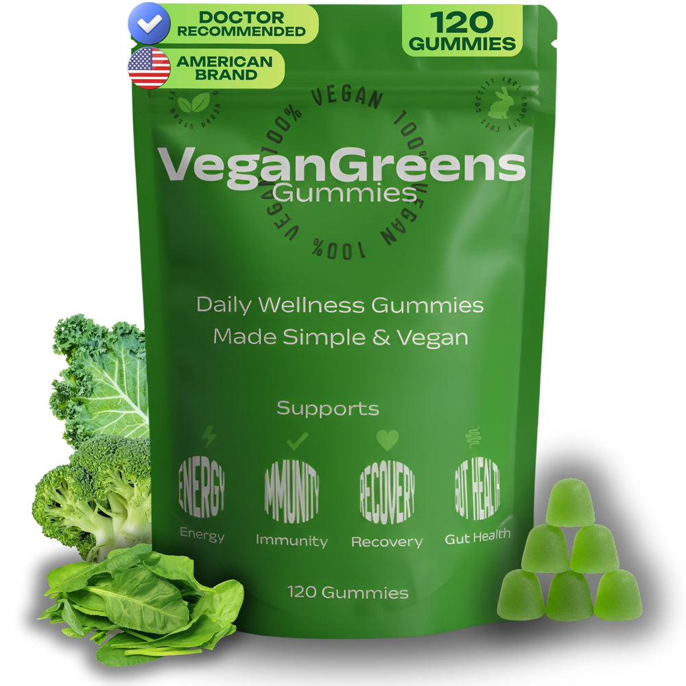 VeganGreens bottle-front showing plant-based gummies for daily wellness.