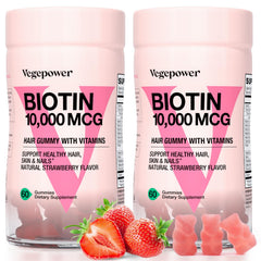 VEGEPOWER Biotin Gummies bottle showing strawberry flavor for hair and nails support.