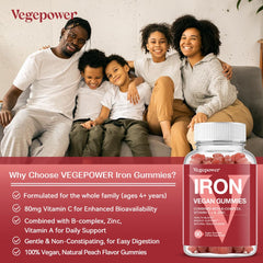 Family-friendly VEGEPOWER iron gummies suitable for all ages.