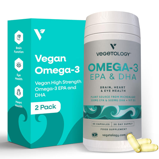 VEGETOLOGY Vegan Omega-3 softgels bottle supports daily brain, heart, and eye health