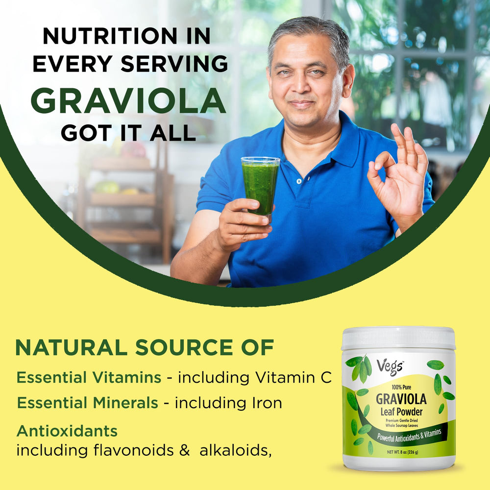 Vegs Graviola leaf powder in smoothie bowl, fiber and nutrients on the go.