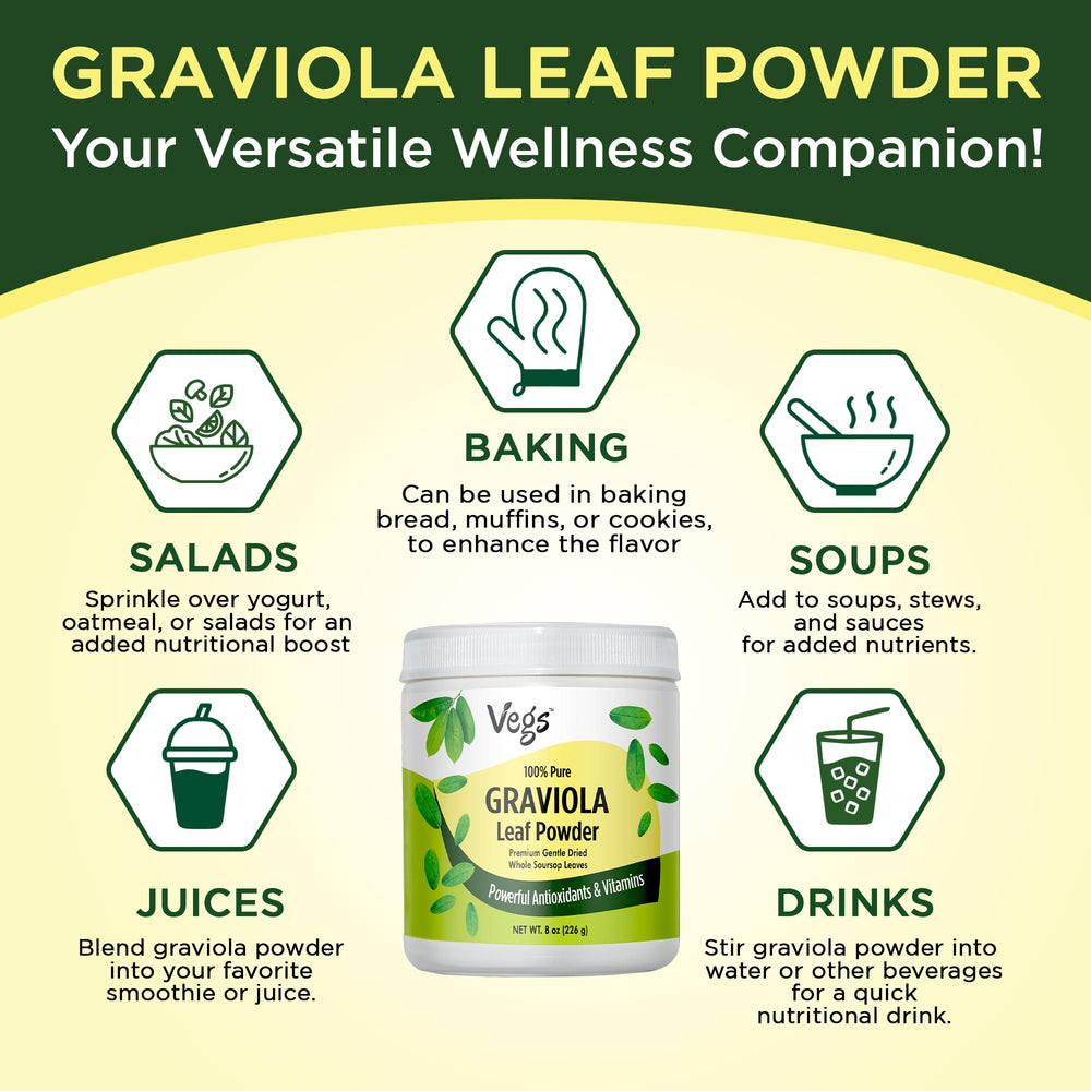 Vegs Graviola leaf powder sachet, compact packaging for travel use.