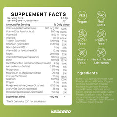 Close-up of Vegseed Immunity Greens label showing 21 vitamins and minerals