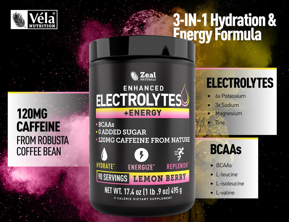 Véla Pre-Workout lemon-berry tub with nutrition info for quick fueling.