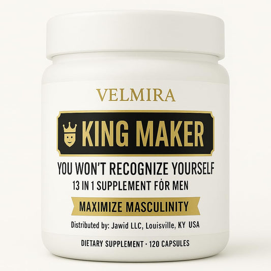 Velmira King Maker bottle front supports daily vitality and wellness.