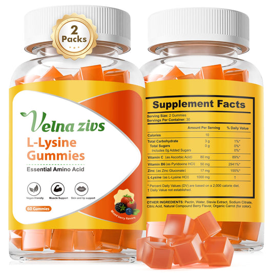 Velna zivs L-Lysine Gummies bottle front with 120 counts for immune support.