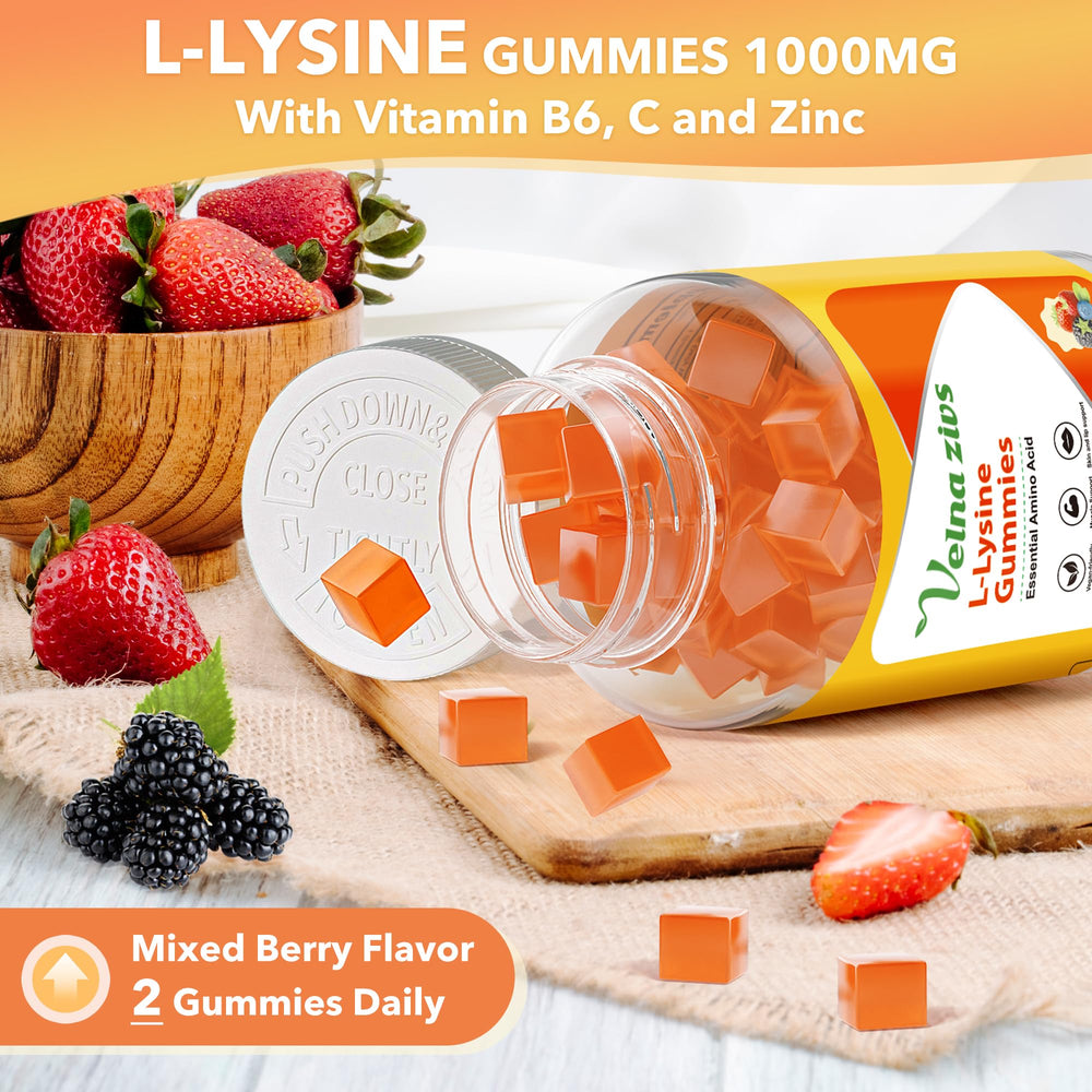 Velna zivs L-Lysine Gummies ingredients label highlighting Vitamin C, B12, and zinc.