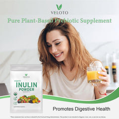 VELOTO Inulin Powder label highlights vegan, non GMO, clean ingredients.
