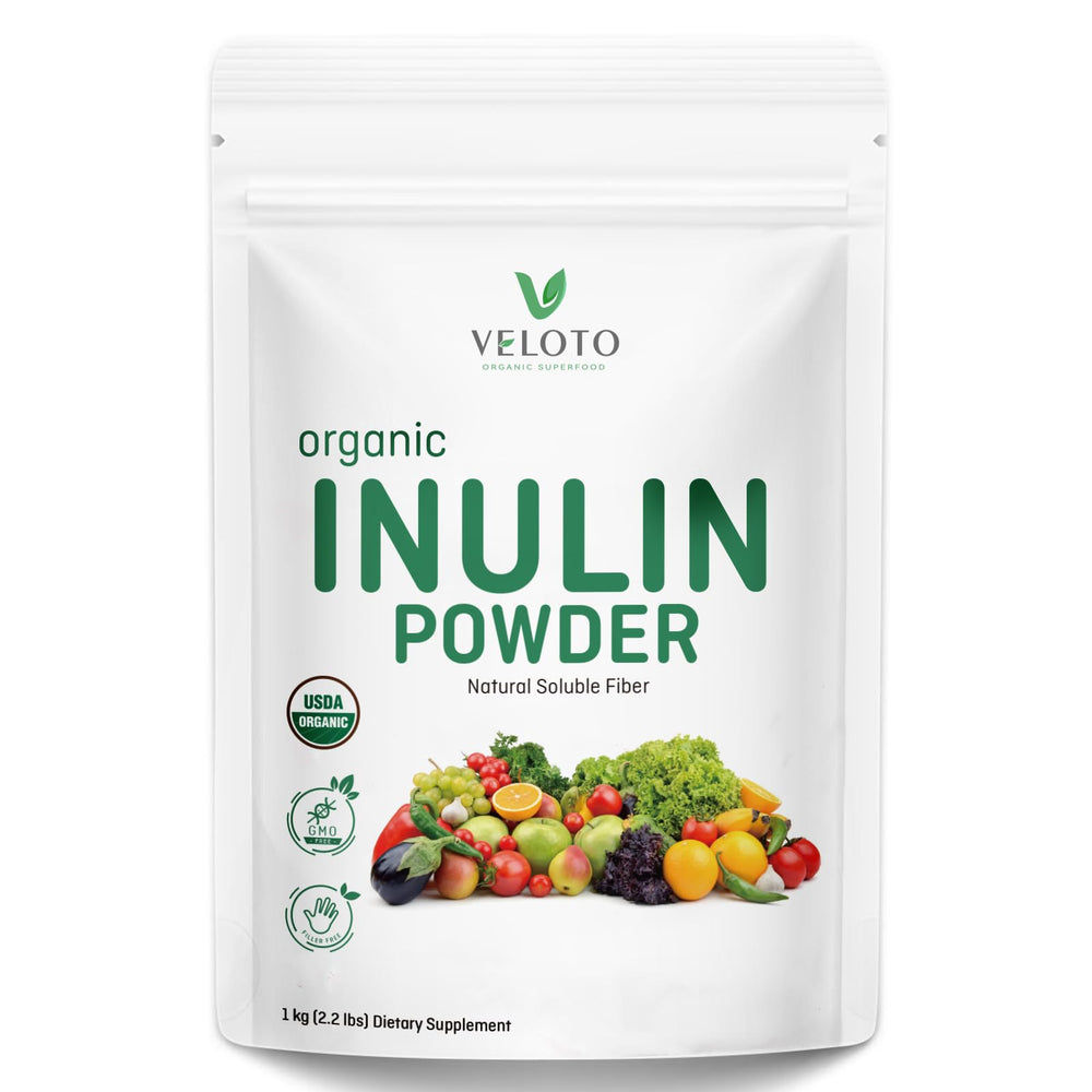VELOTO Organic Inulin Powder bottle on kitchen counter for easy fiber boost.