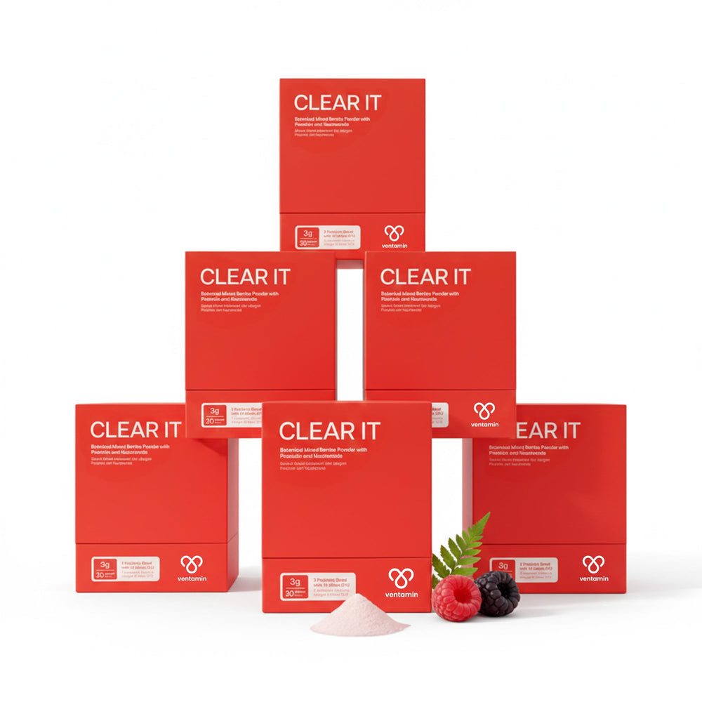 Ventamin Clear It berry sachet front view showing convenient daily use