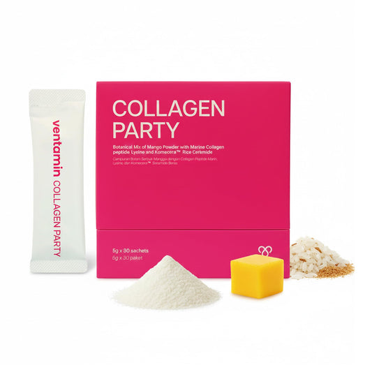 Ventamin Collagen Party box display showing travel-ready packaging for daily routine.