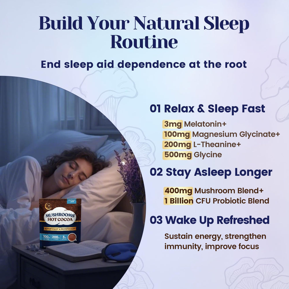 Venture Pal Mushroom Cocoa blend bowl showcasing ingredients for a balanced evening routine.