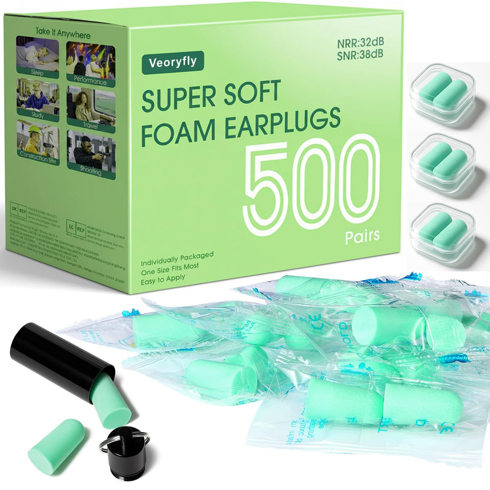 VeoryFly bulk 500 pairs of foam ear plugs for sharing and travel
