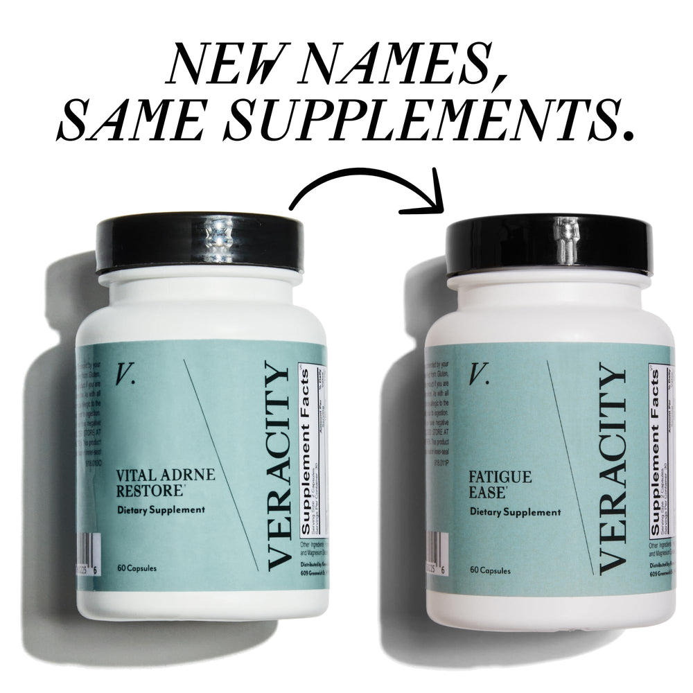 Veracity SelfCare Fatigue Ease label detail indicating vegan, clean formula