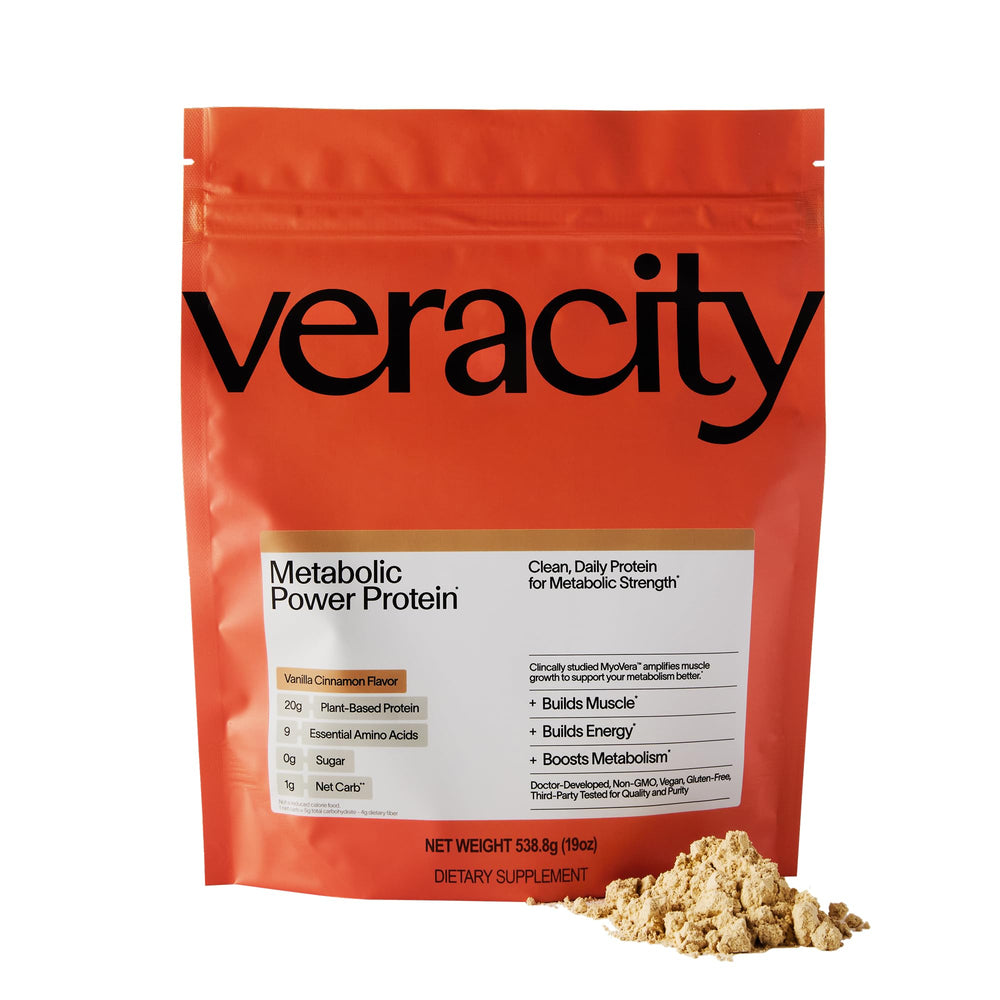 Veracity SelfCare vanilla cinnamon protein bottle highlights a rich flavor and quick, plant-based breakfast.
