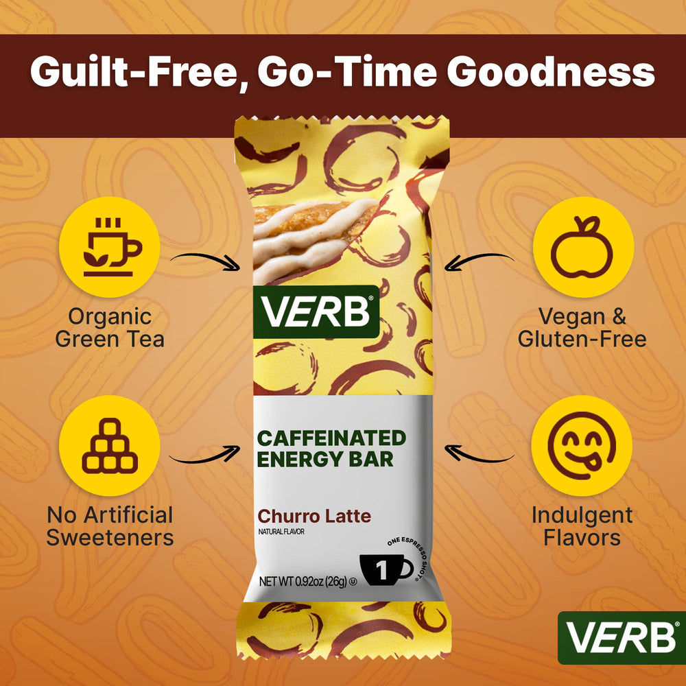 Verb Energy Bar churro latte on-the-go image illustrates travel-ready fueling during workouts.