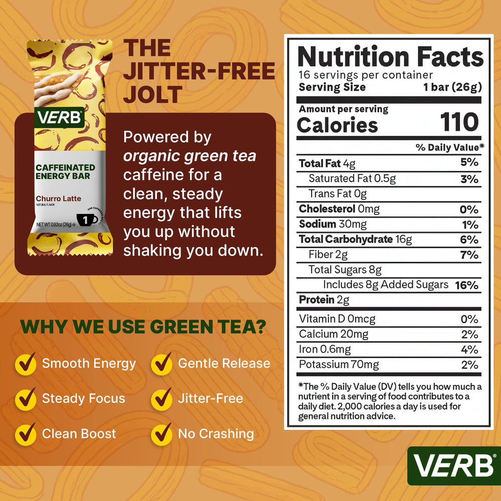 Verb Energy Bar churro latte pack-16 image shows convenient travel-friendly snacks for on-the-go fueling.