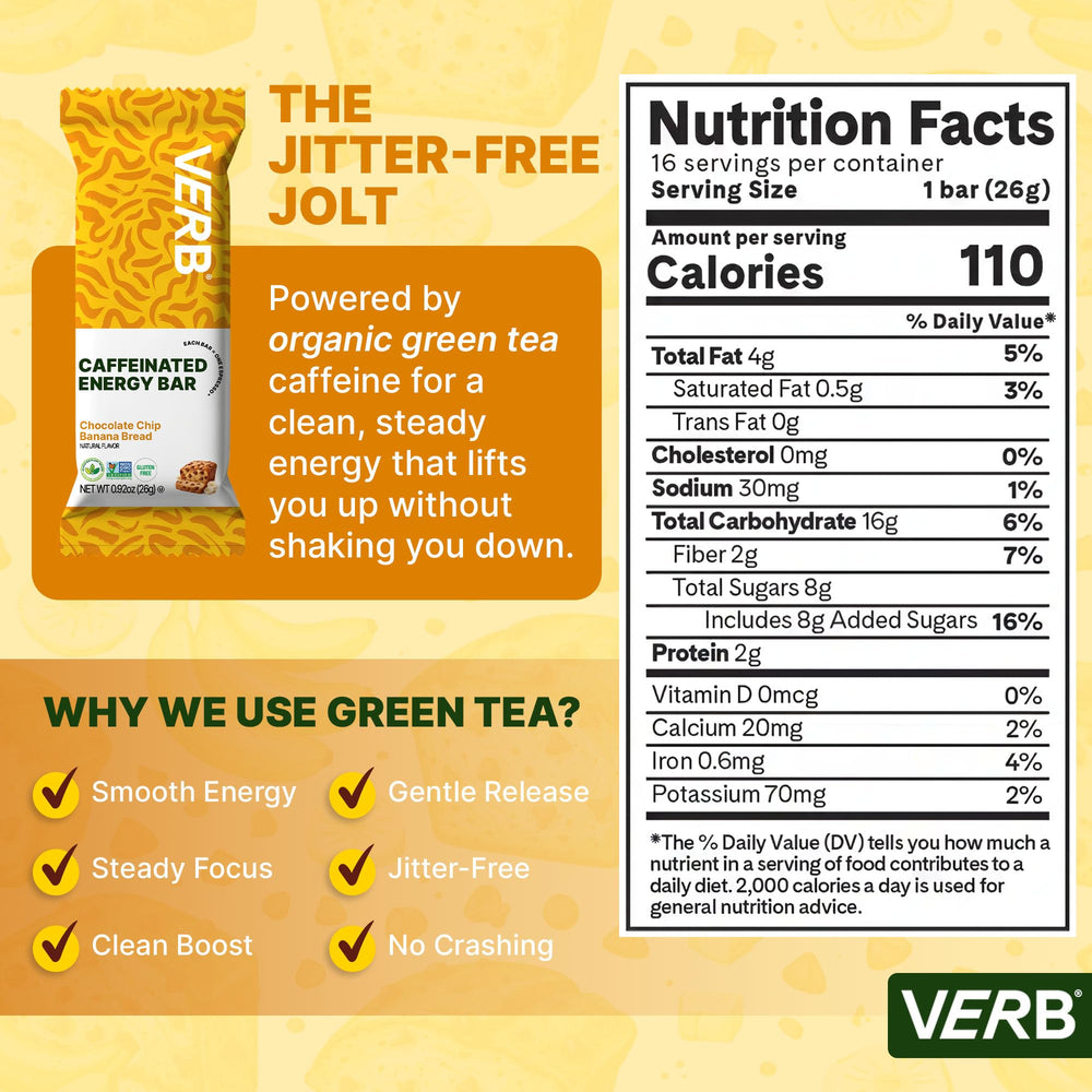 Verb Caffeinated Energy Bar packaging shows 16 bars for on-the-go nutrition