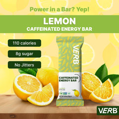 Verb Caffeinated Lemon Energy Bar pack-front label emphasizes 110 calories.