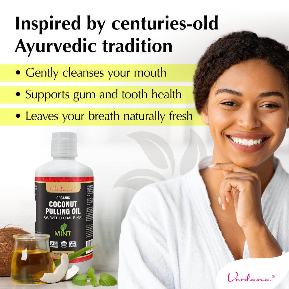 Verdana oil pulling bottle closeup shows organic coconut oil and peppermint aroma.