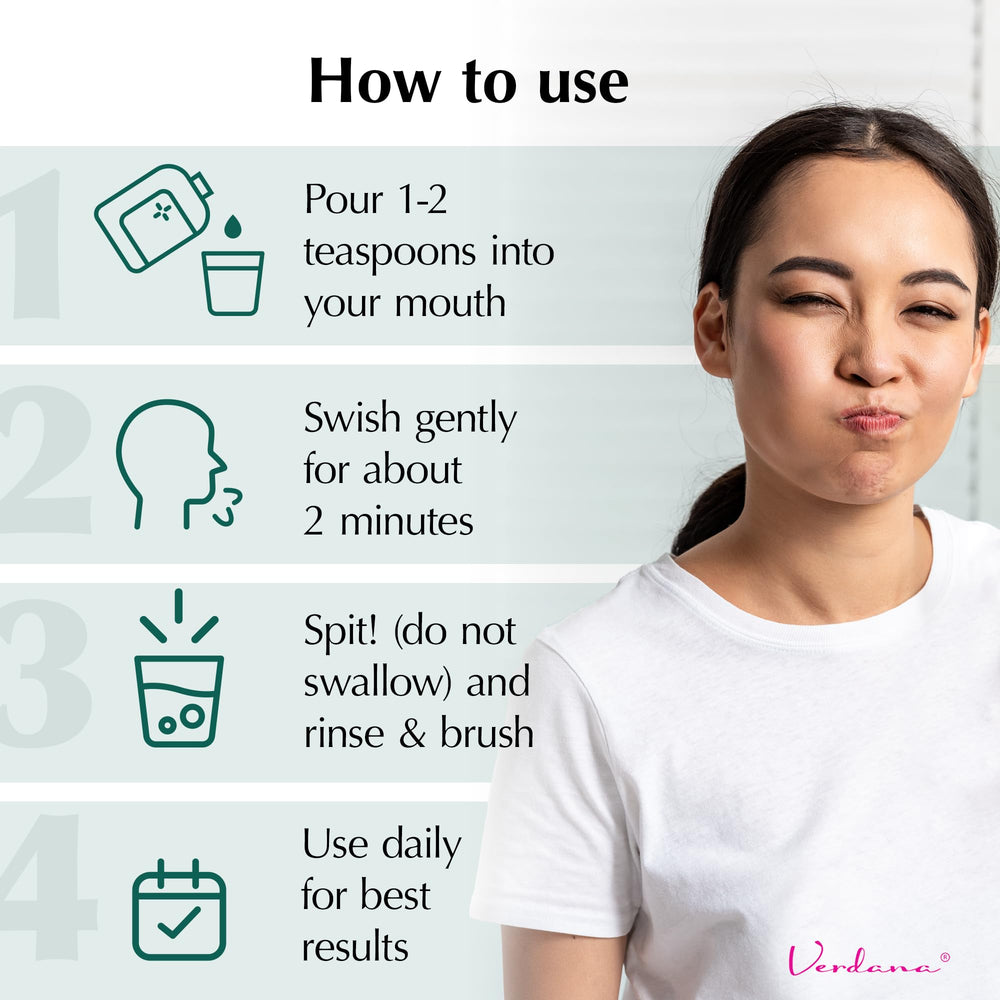 Verdana oil pulling gums and teeth visual highlights alcohol- and fluoride-free formula.